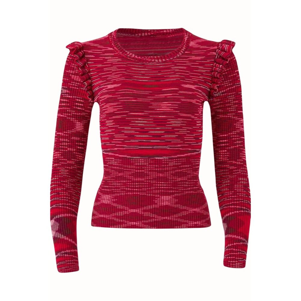 Cinq Sept Salma Pullover Medium Red Long Sleeve Knit Sweater Shoulder Frills